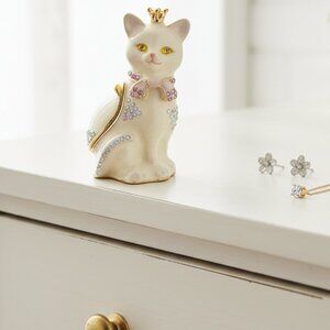 Vintage Enameled Metal Cat Trinket Box with Crystals Princess Queen Pink Cream
